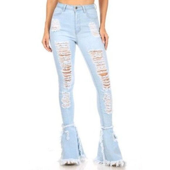 JC & JQ Womens Blue Light Wash High Rise Stretch Denim Flared Jeans Size Small - Picture 1 of 8